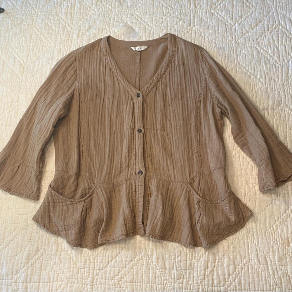 Kleen Lagenlook Ruffle Peplum Cardigan Top Tan Cotton M
